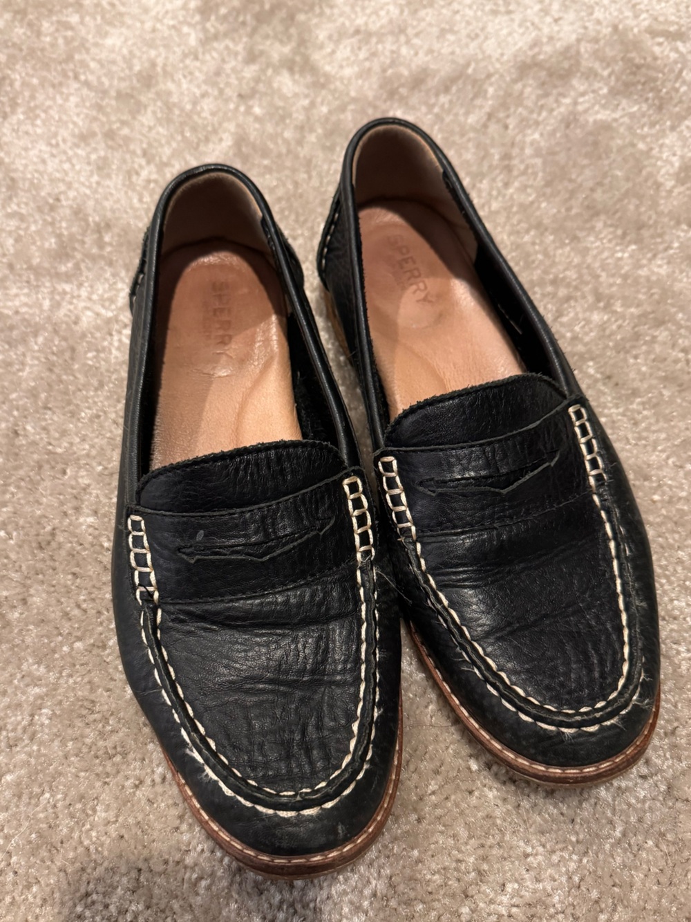 Sperry Black Leather Penny Loafers with Contrast Stitching